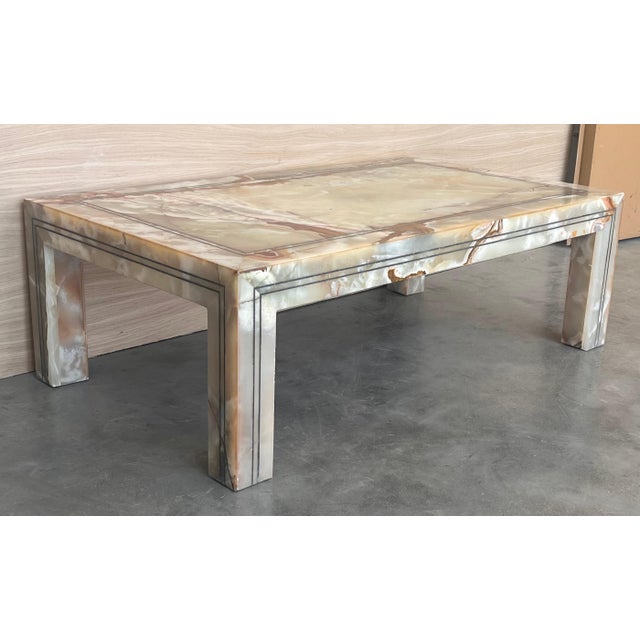 Mid-Century Modern Early 20th Rectangular Green Onyx Coffee table with Metal Marquetry For Sale - Image 3 of 18