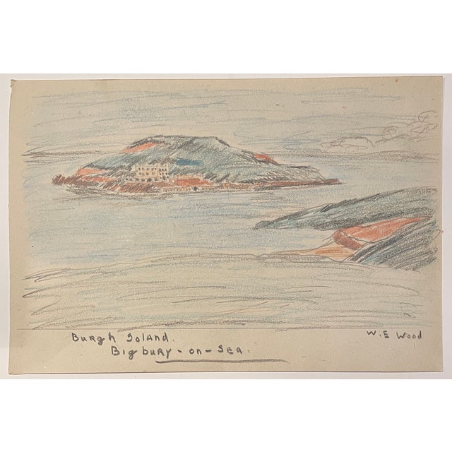 1943 drawing of Burgh Island from Bigbury on Sea by William E. Wood, a Devon artist in England. Signed lower right....