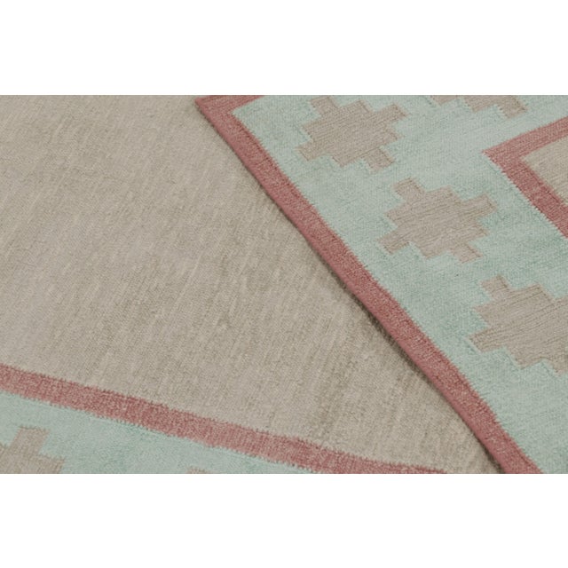 Textile Rug & Kilim’s Contemporary Dhurrie Rug in Beige With Teal and Rose Border For Sale - Image 7 of 9