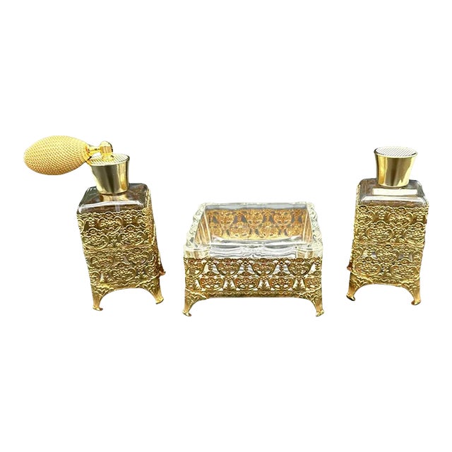 Vintage Hollywood Regency Ormolu Filigree Gold Gilt Vanity Accessories Set Perfume Bottles & Soap Dish 3 Pieces For Sale