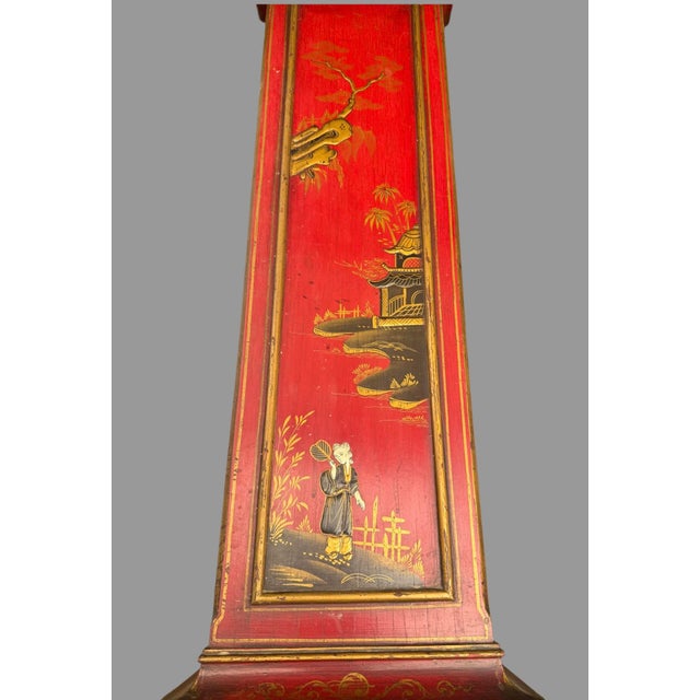 Chinoiserie Antique 1920s English Chinoiserie Grandmother Clock Red Lacquer 50.5” Longcase For Sale - Image 3 of 12