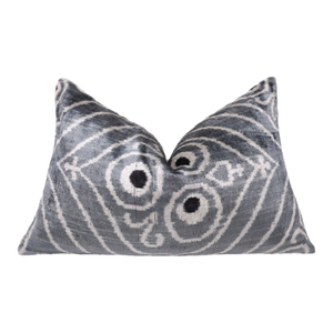 Gray & White Silk Velvet Ikat Lumbar Pillow 16x24 – Handmade