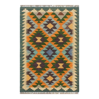 1990s Bohemian Kilim Rust Blue Wool Rug - 2'0" X 2'11" For Sale