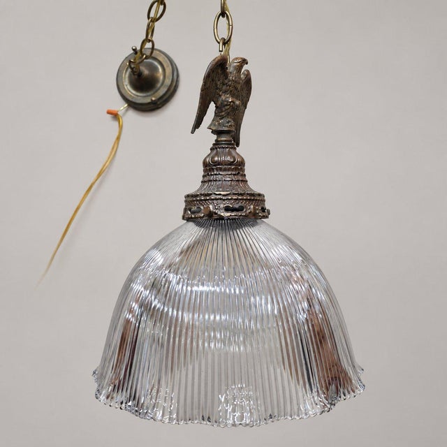 Vintage Eagle Pendant Light, Ribbed Glass Shade, Upcycled Fixture For Sale - Image 12 of 16