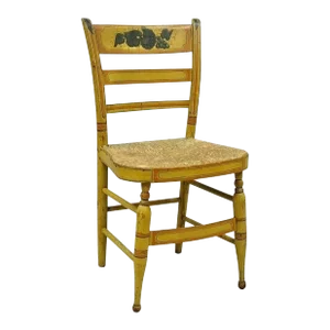 Late 19th Century Antique Hitchcock Style Slat Back Rush Seat Yellow Paint Stencil Side Chair