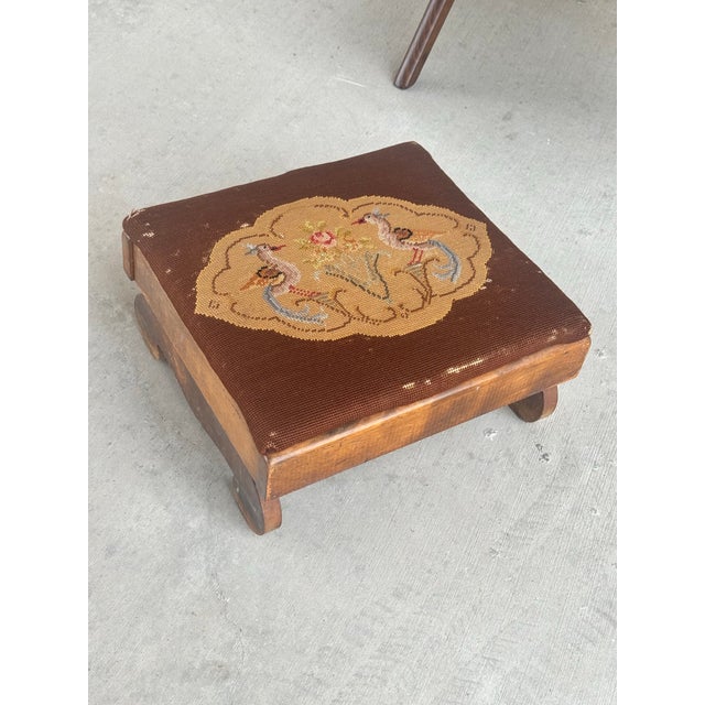 Antique Needlepoint Low Footstool / Ottoman on Wooden Base For Sale In Austin - Image 6 of 7