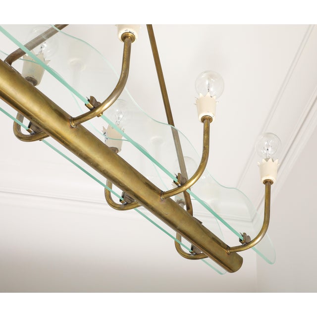 1930s 1930s Italian Art Deco Brass and Glass 8-Light Pendant For Sale - Image 5 of 15