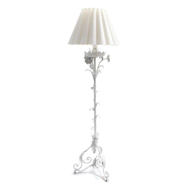 Italian wrought iron floor lamp beautifully hand painted in matte white, beautiful craftsmanship with wrap around detail....
