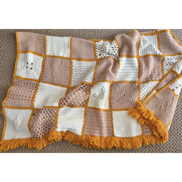 Shabby Chic Vintage Orange & White Crochet Blanket For Sale - Image 3 of 5