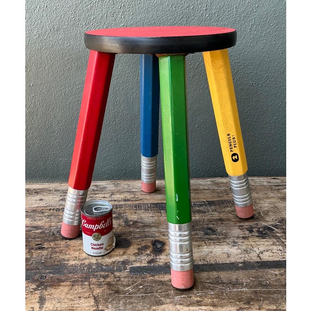 Wood Vintage Multicolor Pencil Stool For Sale - Image 7 of 11