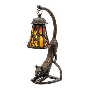 Vintage Heavy Cast Iron Cat Lamp With Hand-Blown Amber Glass Shade