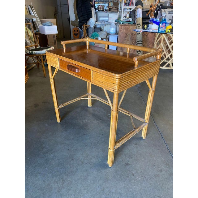 Restored Split Rattan and Mahogany Secretary Desk With Chair | Chairish