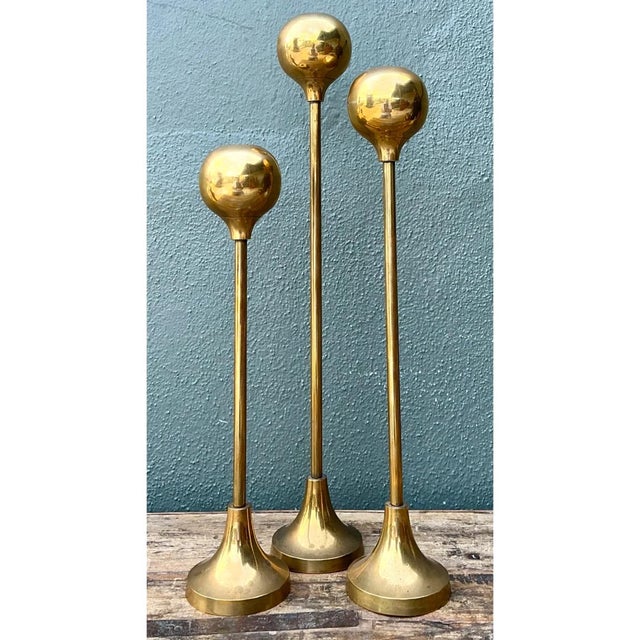 Metal Vintage Brass Candle Holders - Set of Three For Sale - Image 7 of 12