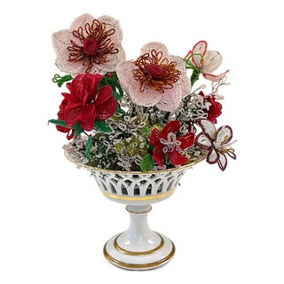1950s Beautiful Limoges porcelain compote with large French glass seed bead flowers // reticulated compote with gilt accents // Made in France For Sale