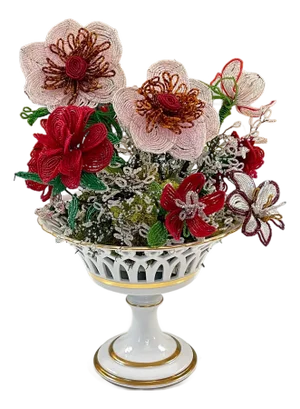 1950s Beautiful Limoges porcelain compote with large French glass seed bead flowers // reticulated compote with gilt accents // Made in France