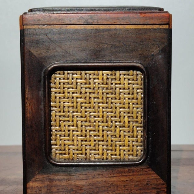 Wood Wooden Tea Caddy Box With Woven Bamboo Panels and Sliding Lid For Sale - Image 7 of 9