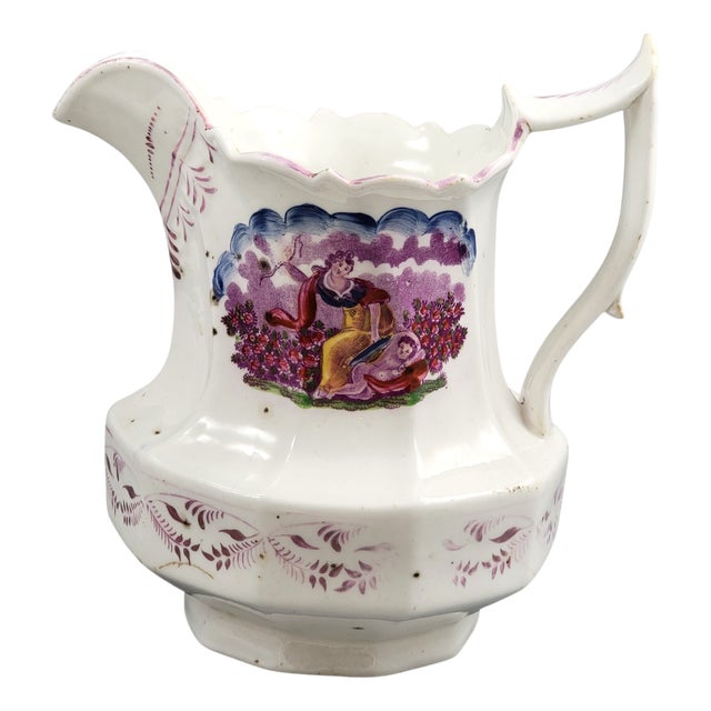 Pearlware Lustre Jug with Purple Pastoral Transfer Scene from Staffordshire, 1825-1840 For Sale