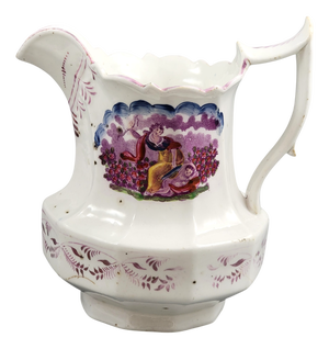 Pearlware Lustre Jug with Purple Pastoral Transfer Scene from Staffordshire, 1825-1840