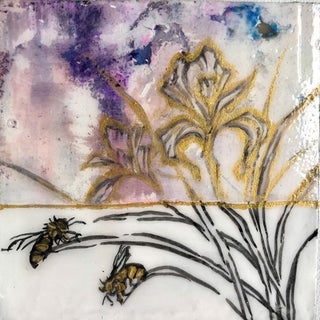 Spring Without the Bees by Cindy Shih | Ink and acrylic on plaster on panel depicting bees and flowers. For Sale