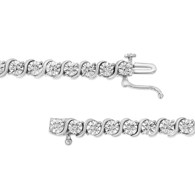 Contemporary .925 Sterling Silver 1/10 Cttw Diamond Round Miracle Plate and "S" Link Tennis Bracelet - 7" For Sale - Image 3 of 7