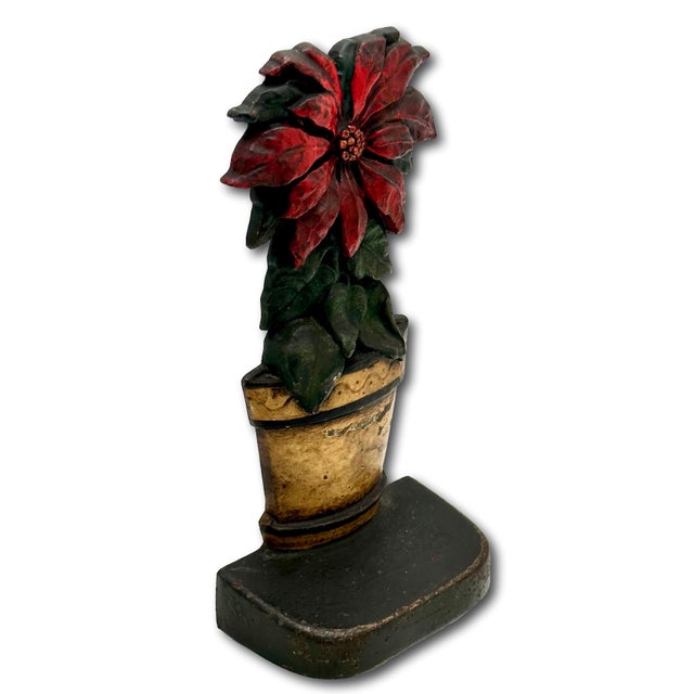 Rare & Hard to Find Antique American Poinsetta Flower Pot Cast Iron Doorstop - Circa 1920s For Sale In Boston - Image 6 of 12