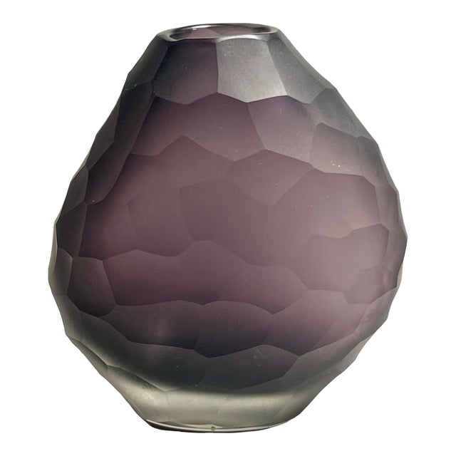 Vintage Murano Italy Dark Purple Hand Blown Faceted Art Glass Vase For Sale