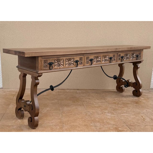 20th Century Spanish Rustic Carved Wood Console Table , 1965 For Sale - Image 4 of 12