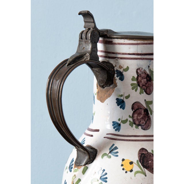 Pewter-Mounted Floral Jug from Brussels Faience, Late 18th Century For Sale - Image 7 of 11