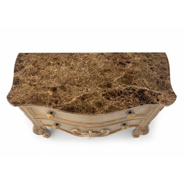 French French Marble Top Commode – Hand Carved Walnut & Gold Patina Chest For Sale - Image 3 of 9