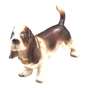 Vintage Realistic Basset Hound Figurine With Metal Chain Collar