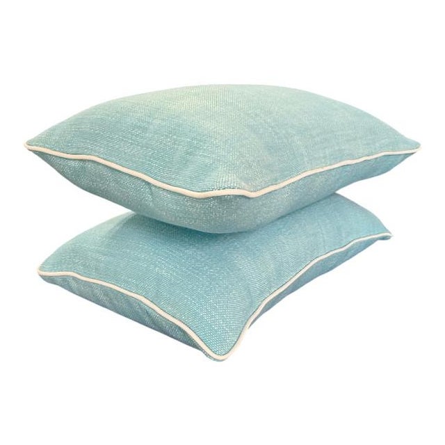 Pair of Indoor/Outdoor Aqua Lumbar Pillows With White Contrast Welt For Sale In West Palm - Image 6 of 8