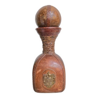 1970s Italian Leather Wrapped Decanter Brass Knight Crest, Bar Cart Dark Academic For Sale