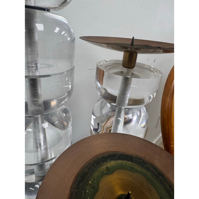 Vintage Lucite and Brass Candlestick Holders, Set of 3 Graduating Sizes Description: Fun vintage set of three lucite and...