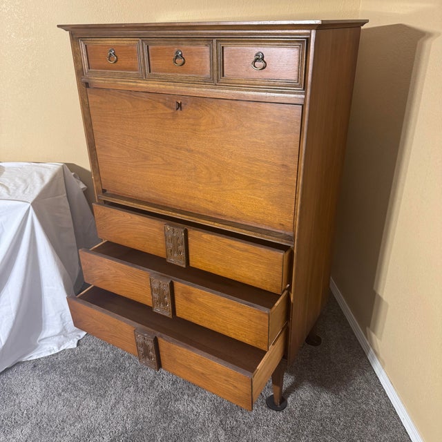 Mid 20th Century Vintage 1960s Bassett Mayan Walnut Secretary Desk Highboy For Sale - Image 5 of 11