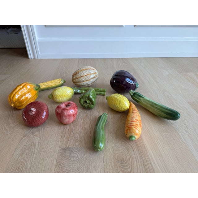 Late 20th Century Vintage Italian Majolica Ceramic Fruit & Vegetable Collection – Trompe L’Oeil Centerpiece, Hand Painted Glazed Pottery, Set of 13 For Sale - Image 5 of 7