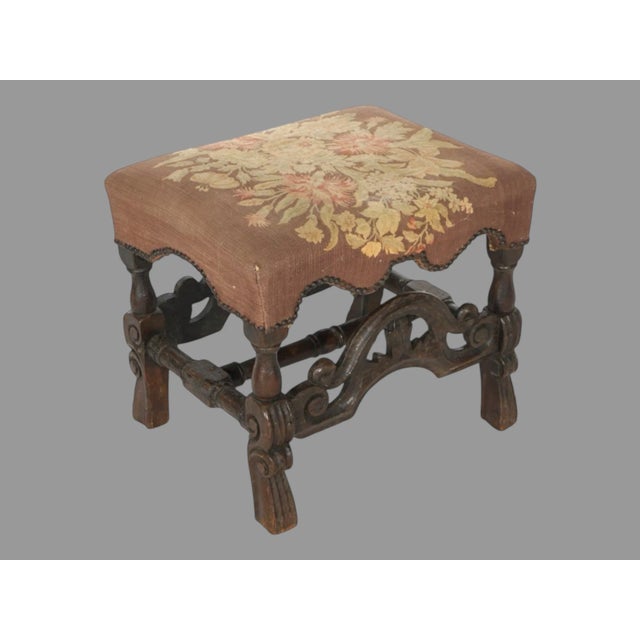 Late 19th Century Antique English Carved Oak Footstool Bench With Floral Tapestry Seat For Sale - Image 6 of 10