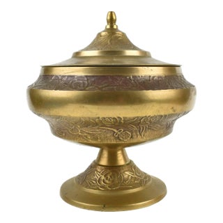 Mid 20th Century Pedestal Solid Brass Floral Lidded Bowl For Sale