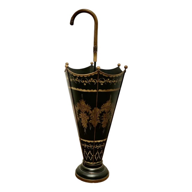 Italian Toleware Umbrella Stand Hand Painted Gold on Black, 1920s For Sale