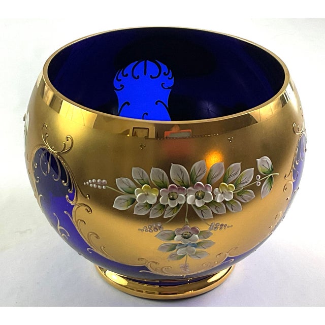 Early 20th Century Early 20th Century Bohemian-Hand Blown and Cut, Cobalt Blue, 24 Karat Gold Encrusted Punch Bowl Set- With Enameled Three Dimensional Flowers - 15pcs For Sale - Image 5 of 11