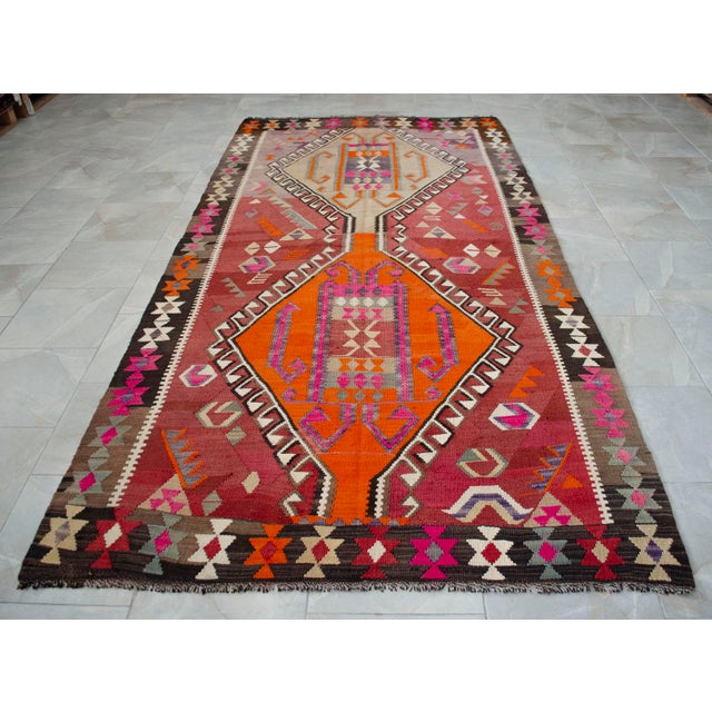 5x11 Turkish Rug, Handwoven Wool Kilim in Muted Red & Bright Orange, Eastern Anatolian Tribal Art, Rustic Farmhouse Decor For Sale - Image 14 of 16
