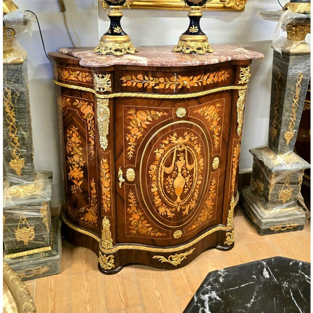 2020s Exquisite French Accent Cabinet With Floral Marquetry, Marble Top & Bronze Mounts For Sale - Image 5 of 5