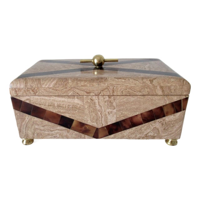 C.1970's Maitland-Smith Brass Footed Tessellated Stone and Pen Shell,l(Tortoise Shell) Lidded Box For Sale