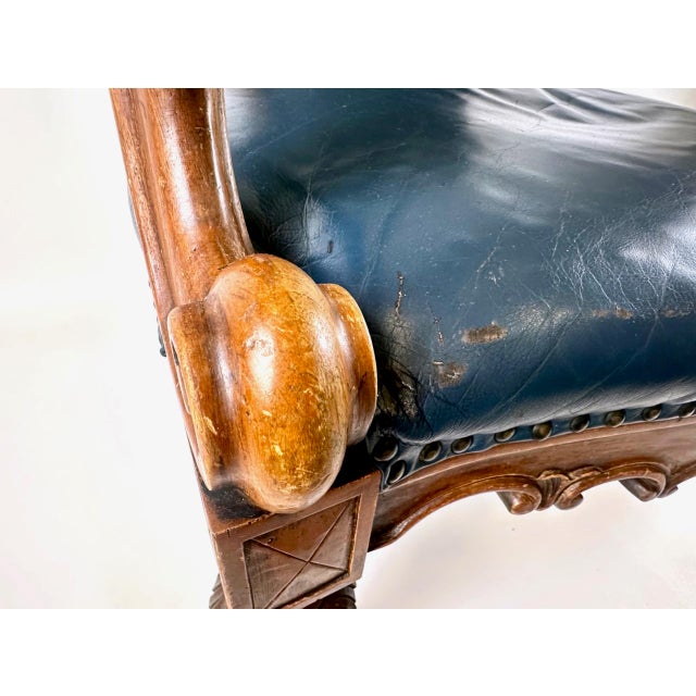 Antique French Armchair in Walnut and Blue Leather, 1890s For Sale - Image 9 of 18