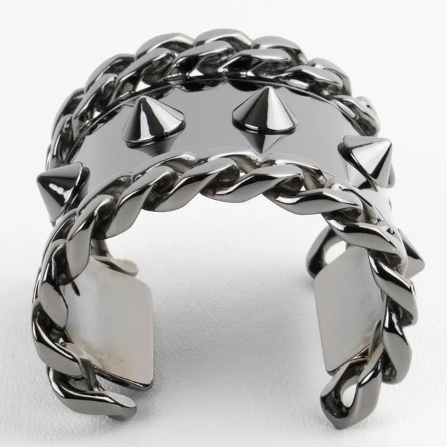Givenchy Paris High-Gloss Gunmetal Chains and Studs Cuff Bracelet For Sale - Image 15 of 16