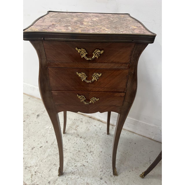 Brown Small Louis XV Style Marquetry Commodes with Marble Tops, 1900s, Set of 2 For Sale - Image 8 of 13