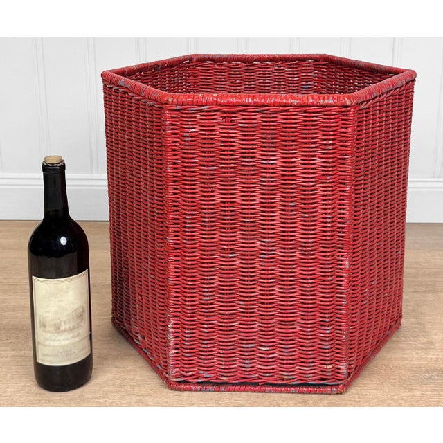 - Original 1970's Coastal Wicker Basket Hamper - Natural Woven Wicker Around a Steel Wire Frame - Aged Red Painted Finish...
