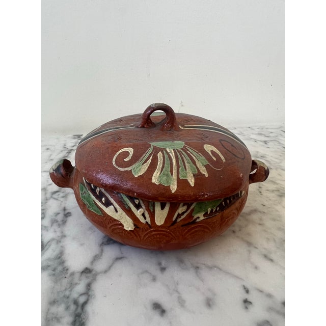 Hand Painted Mexican Terracotta Bowl With Lid Stamped Made in Mexico For Sale - Image 11 of 12