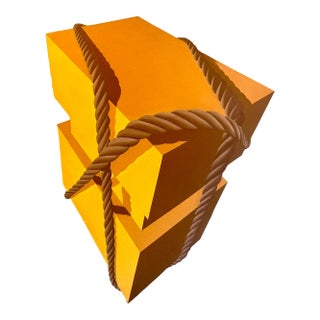 1970s Large Trompe l'Oeil Shaped Canvas Painting — Rope-Bound Package in Yellow & Ochre, Manner of Yrjö Edelmann For Sale