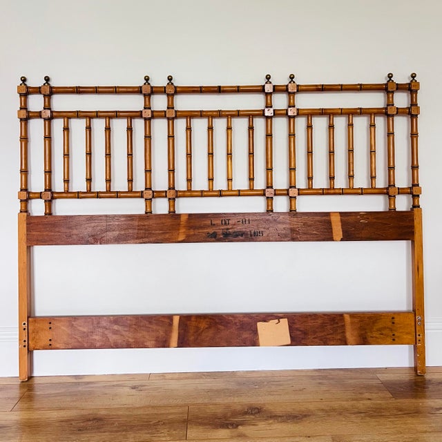 Chocolate 1960s Chinese Chippendale Faux Bamboo Queen Headboard With Brass Finials For Sale - Image 8 of 8