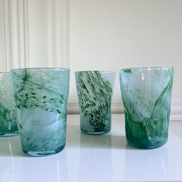 Green Mist Confetti Murano Glass Hand Blown Tumblers Drinking (Cups Set of 6) For Sale - Image 4 of 7